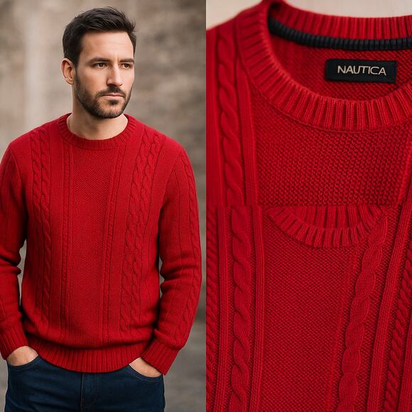 NAUTICA Red Cable Knit Sweater L 100% Cotton Fisherman Ribbed Preppy Dadcore - Picture 2 of 8